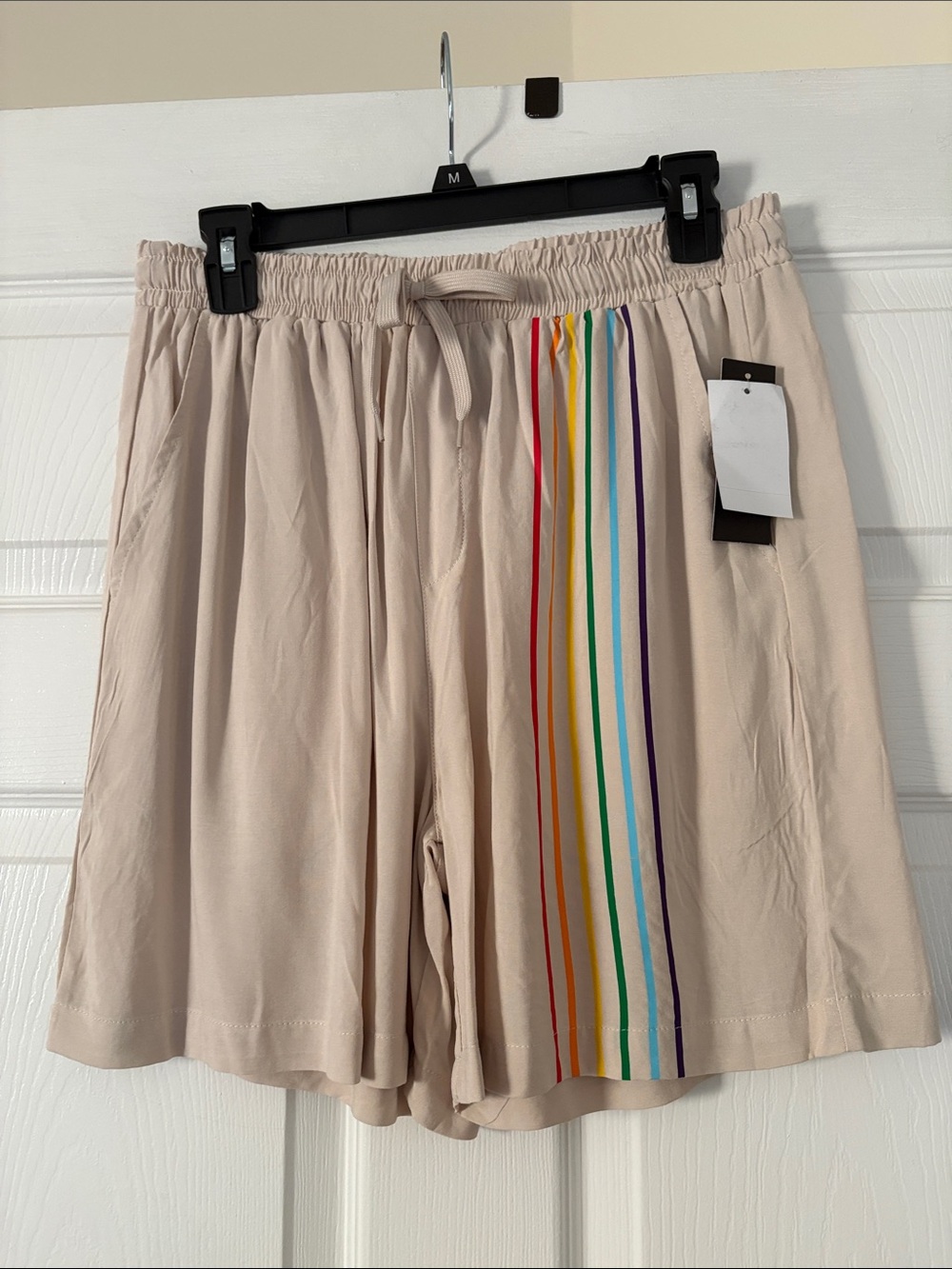 NWT Beige Drawstring Rayon Shorts with Rainbow Stripe in Medium